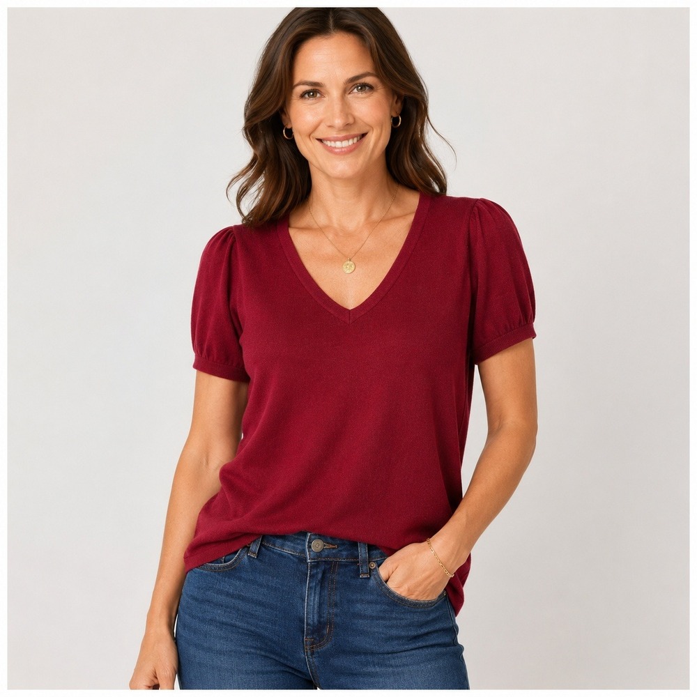 Old Navy Wool Blend Sweater Top Womens XL Burgundy Red Puff Sleeve V Neck Knit